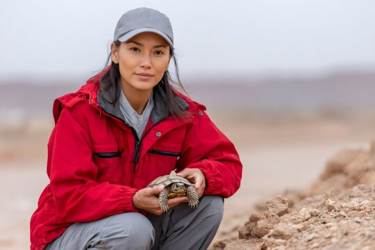 Woman researcher holding a tortoise during field conservation work