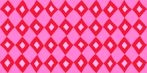 Abstract seamless horizontal geometric bright modern pattern of red diamonds in a row on a pink background, simple vector hand-drawn illustration, drawing, flat style