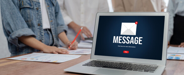 Email notification message showing on computer screen brisk. Digital marketing message information text from business to customer client