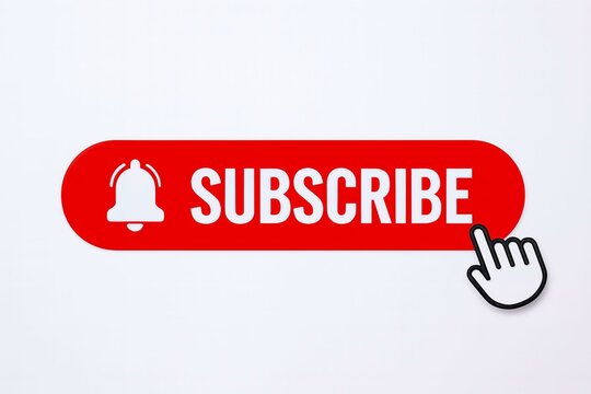 Red subscribe button with bell icon and cursor hand pointing to it representing online engagement and channel growth - Powered by Adobe