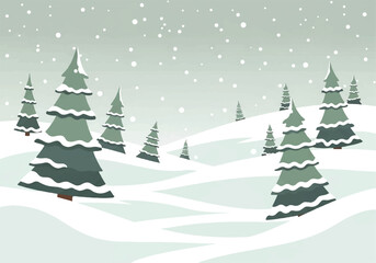 Snowy Forest with Frosted Evergreen Trees