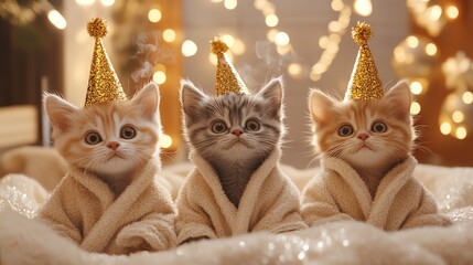Highend 3D render of three adorable kittens wearing bathrobes