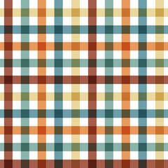 Seamless retro or vintage autumn color gingham plaid pattern background in warm orange, teal blue, yellow, and brown tones.