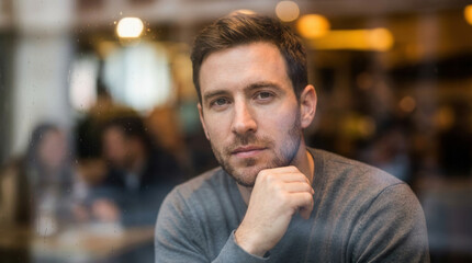 S&eacute;rie real life - Un jeune homme est photographi&eacute; &agrave; travers une vitre l&eacute;g&egrave;rement sale, avec des reflets lumineux