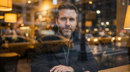 S&eacute;rie real life - Un jeune homme est photographi&eacute; &agrave; travers une vitre l&eacute;g&egrave;rement sale, avec des reflets lumineux