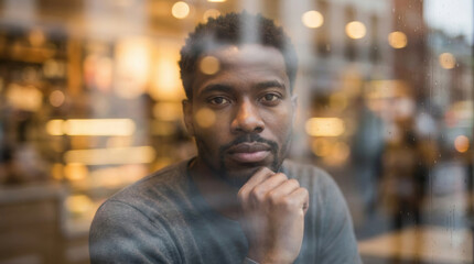 S&eacute;rie real life - Un jeune homme est photographi&eacute; &agrave; travers une vitre l&eacute;g&egrave;rement sale, avec des reflets lumineux