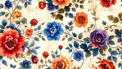 Colorful Symmetrical Floral Pattern with Red, Blue, and Yellow Blooms on Light Background