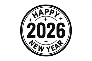 A circular graphic displaying happy new year 2026 with a bold font and simple star embellishments is shown