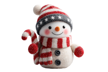 Festive Snowman: A charming snowman, adorned in a cozy hat, scarf and holding a candy cane, is a joyful celebration of the season, representing the warmth and spirit of winter festivities.