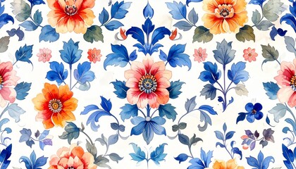 Colorful Symmetrical Floral Pattern with Red, Blue, and Yellow Blooms on Light Background