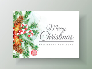 Christmas Watercolor Greeting Card Template with Pine Branches, Candy Cane, and Cones