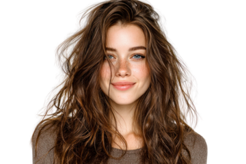 Serene Beauty: A portrait of a woman with captivating hair and a gentle smile, exuding natural charm and inner peace.