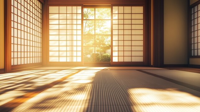 Empty modern Japanese interior room with tatami mats and shoji screens, sunlight background