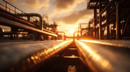 Fototapeta premium Warm sunset light illuminates a complex network of industrial pipelines and infrastructure at an oil and gas refinery