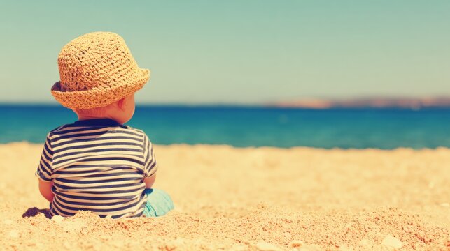 Child sits on sandy beach looking at ocean under clear sky - Powered by Adobe
