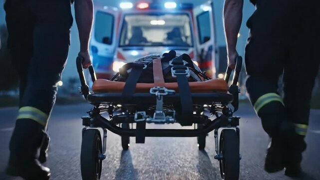 Close-up of rescue stretcher beside crash, with blurred ambulance background, during blue hour, highlighting urgency and professionalism of paramedic response.