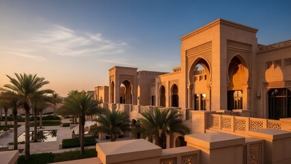 Exterior View of Middle Eastern Architecture with Arches and Palm Trees Bathed in Golden Light during Sunset Featuring Ornate Details and Tranquil Atmosphere