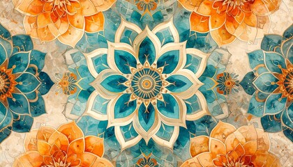 Kaleidoscopic Floral Pattern with Teal, Turquoise, and Orange Petals