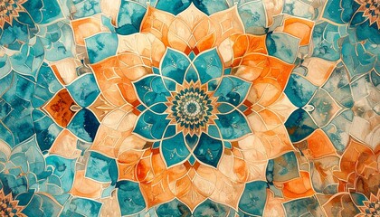 Kaleidoscopic Floral Pattern with Teal, Turquoise, and Orange Petals