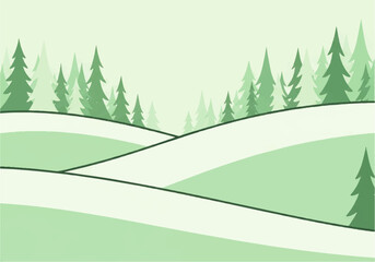 Green Winter Hills with Light Snow and Pine Trees