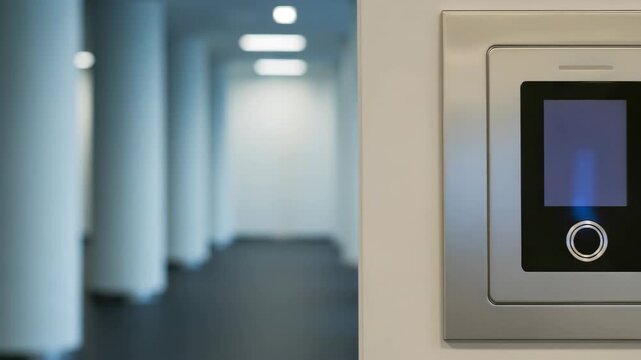 High-tech biometric security system displays fingerprint recognition, user interacts with touch sensor, showcasing advanced cyber security technology in action, camera follows motion	