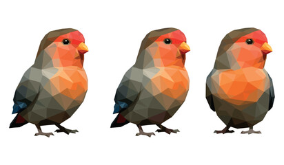 Three low poly birds with orange beaks and geometric patterns