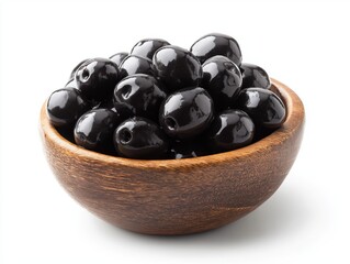 Black olives filling wooden bowl ready for appetizer