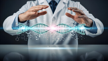 Genome Science in Action as Doctor Hands Surround a Glowing Dna Helix