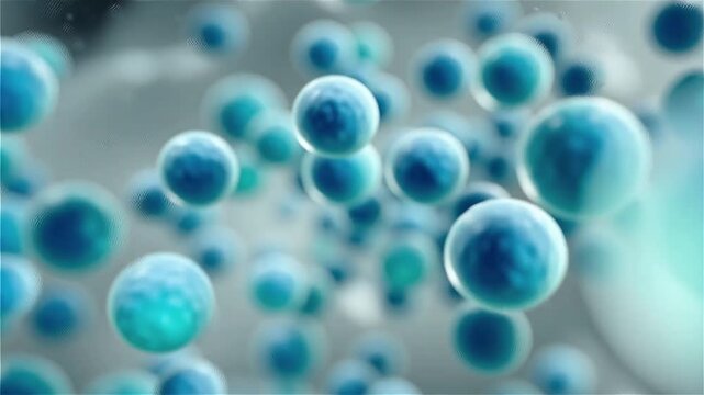 Nanospheres floating in blue fluid microscopic view. Abstract 3D cells or molecules drifting with soft focus for medical science and biotechnology concept.