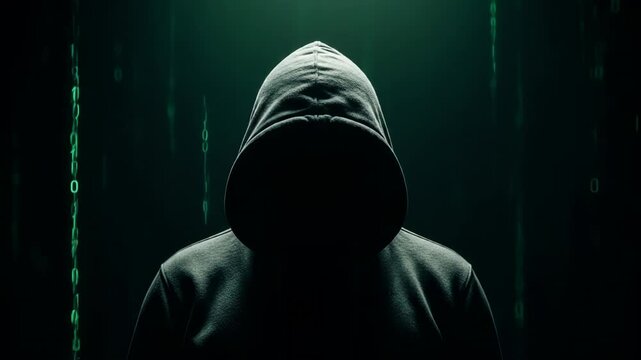 Mysterious figure in dark hoodie sits at computer, illuminated by green binary code, creating an atmosphere of secrecy and intrigue in the digital world of hacking and cybersecurity	
