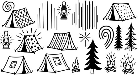 Fototapeta premium Camping Adventure - Tents, Lanterns, Trees, and Campfires in Doodle Style.