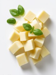 Cheese cubes and fresh basil leaves on white