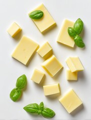 Cheese cubes and fresh basil leaves overhead view