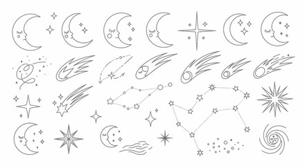 Celestial Elements - Moon Phases, Stars, and Constellations in Line Art. © Dika