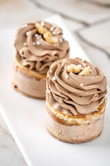 Closeup mini caramel mousse desserts