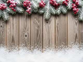 Festive christmas pine branches with red berries and snow dusting on rustic weathered wood background, ideal for holiday decor