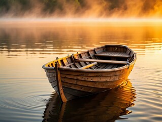 Fototapeta premium Rustic Wooden Rowboat on Calm Lake at Golden Hour with Misty Reflection 