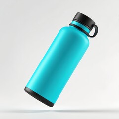 Cyan insulated water bottle floating on white background