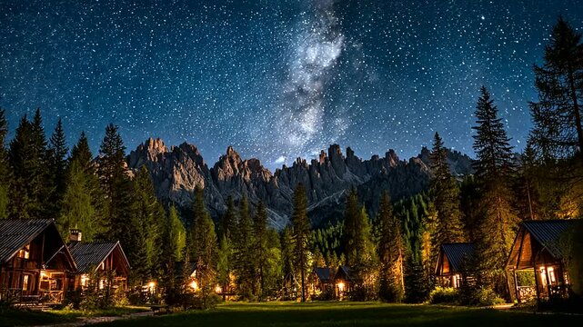 Lit cabins nestle below rocky mountains under a vibrant, starry milky way sky