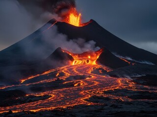 Spectacular volcanic eruption with flowing lava in iceland at dusk