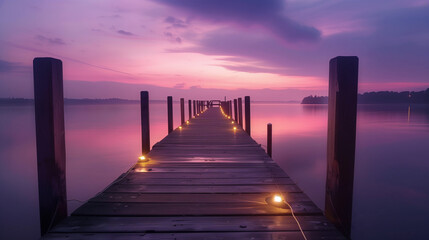 Obraz premium The dock stretches gently toward the water, reflecting soft pink light, while the sky glows in deep shades of blue and purple, creating a serene and magical atmosphere.