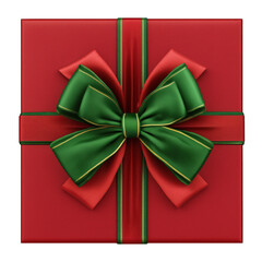 Red gift box with green ribbon bow on transparent background