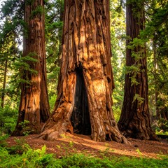 Sunlight filtering through giant sequoias
