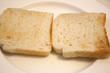 Two slices of plain toast arranged on a white plate in a close-up view, showing the textured surface in natural condition. Minimal styling ideal for breakfast concepts.