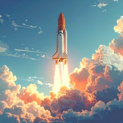 Obraz premium A space shuttle ascends, trailed by intense exhaust flames, framed by fluffy, colorful clouds and a bright blue sky