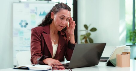 Woman, headache or fatigue in office with laptop for data analysis mistake, financial crisis or issue. Tired, mature person or computer with migraine, analytics report error or finance stats problem. - Powered by Adobe