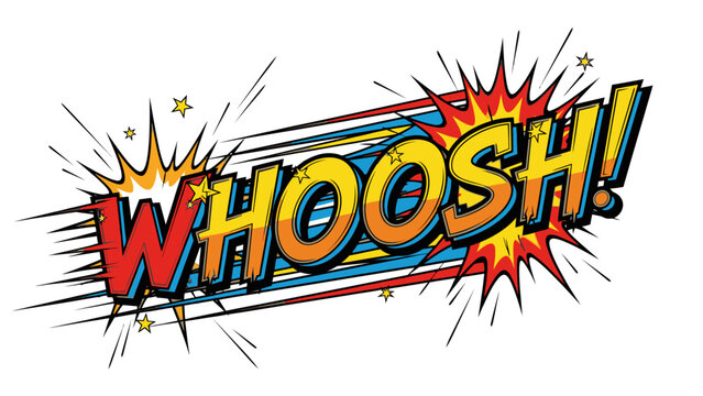 Vibrant comic style WHOOSH wording explosion design element on white