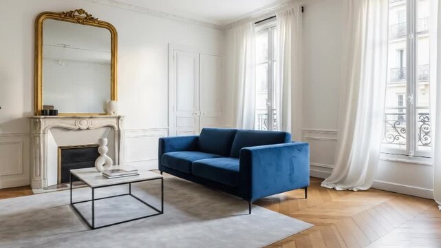 Elegant parisian living room interior with a modern blue sofa and a classic marble fireplace. A beautiful apartment with high ceilings.
