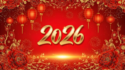 Happy new year 2026 greeting card with red lanterns and floral decorations on red background