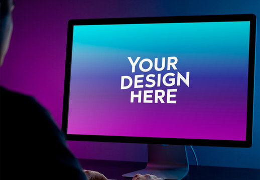 Screen Computer Mockup In Dark Room